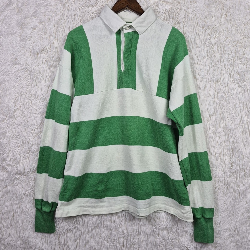 Vintage Dehen Mens XL Green Stripe Long Sleeve Rugby Polo Heritage Made In USA